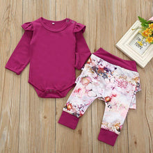 Upload image to gallery viewer, Matching bodysuit and pants set with ruffles - Sizes 0 to 18 months