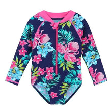 Upload image to gallery viewer, Children's swimwear, long-sleeved floral swimsuit for girls aged newborn to 6 years with UPF 50+ sun protection.