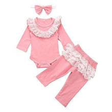 Carregar imagem no visualizador da galeria, Conjunto Body 3 Peças com Babados de Renda - Tamanhos de 0 a 24 meses