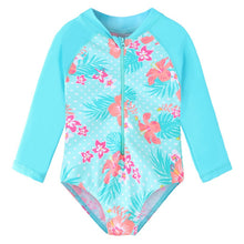Upload image to gallery viewer, Children's swimwear, long-sleeved floral swimsuit for girls from newborn to 6 years old with UPF 50+ sun protection.