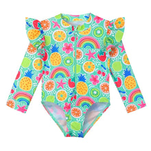 Upload image to gallery viewer, Long-sleeved swimsuit for girls from newborn to 6 years old, with underwater theme and UPF50+ sun protection.