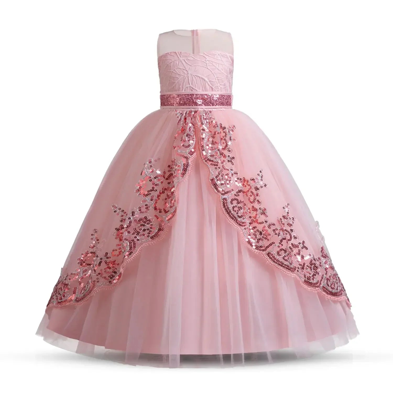 Kids Party Dress, Champagne Color, Sequins, Tulle, Pink Waistband