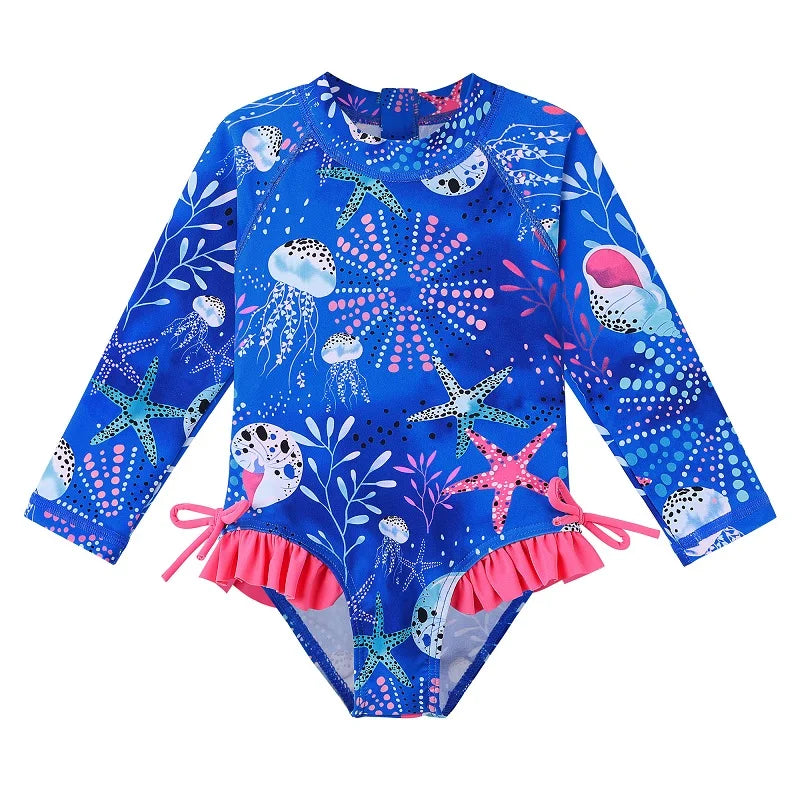 Long-sleeved swimsuit for girls from newborn to 6 years old, with starfish design and UPF50+ sun protection.