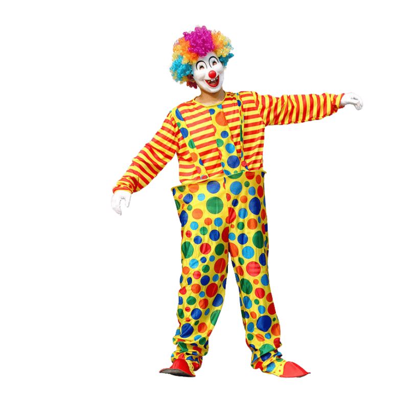 Adult Yellow Striped Clown Cosplay Costume with Polka Dot Jumpsuit