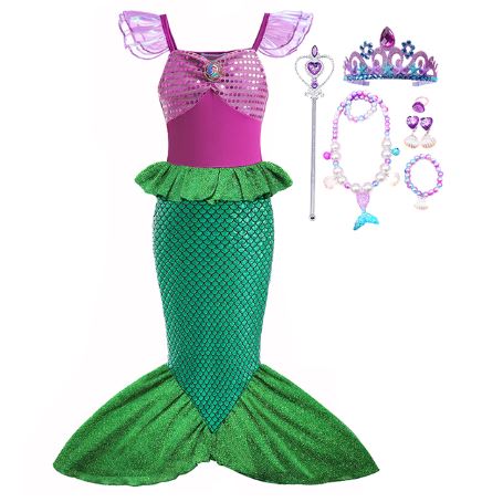 Kids Mermaid Ariel Costume Dress with Tail + Accessories (I)