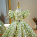 Luxury Princess Party Dress for Girls, Elegant, for Weddings, First Communion, with puff sleeves and sequin embroidery.