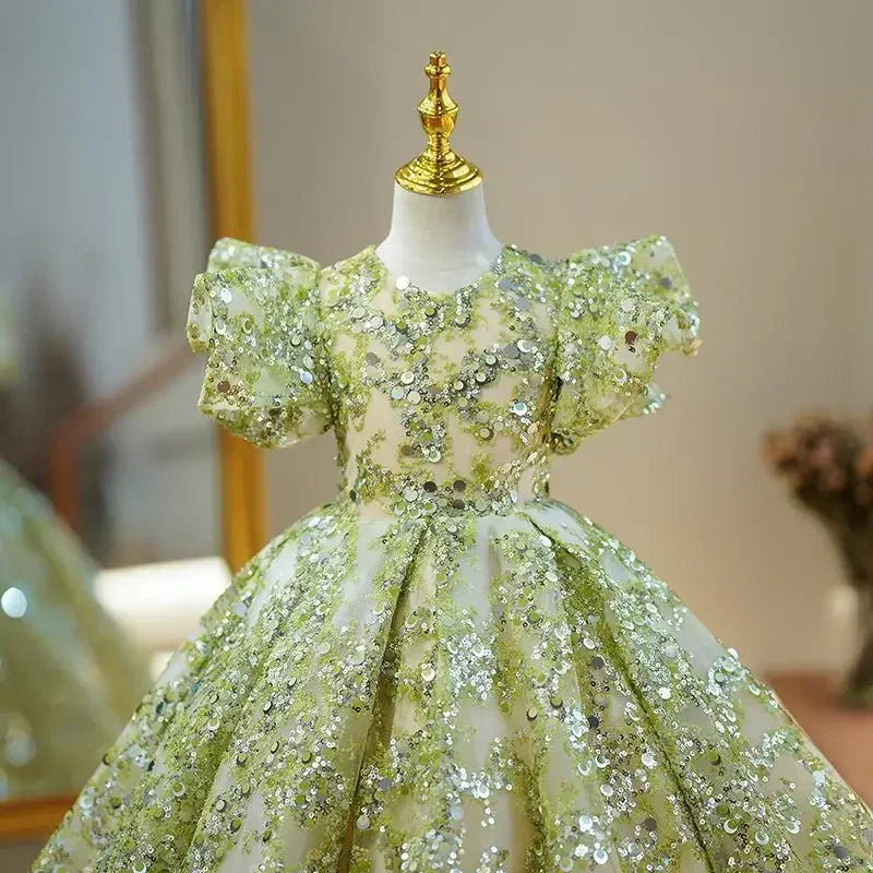 Luxury Princess Party Dress for Girls, Elegant, for Weddings, First Communion, with puff sleeves and sequin embroidery.