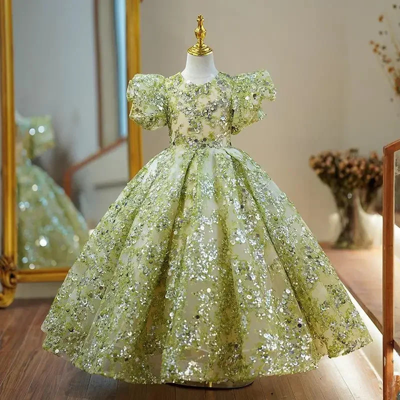 Luxury Princess Party Dress for Girls, Elegant, for Weddings, First Communion, with puff sleeves and sequin embroidery.