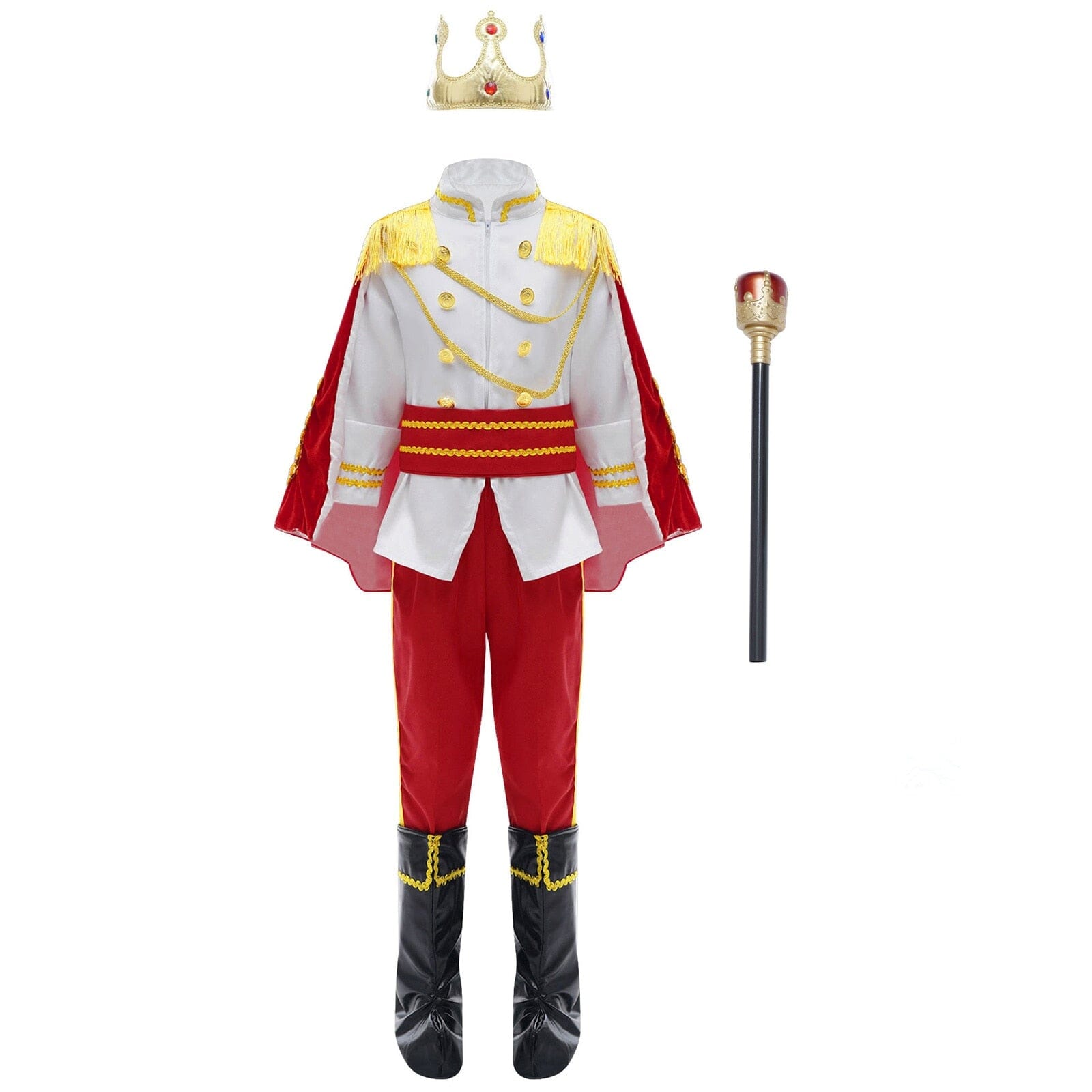 Prince Costume: White Cape, Crown, and Staff