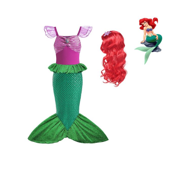 Kids Mermaid Ariel Costume Dress with Tail + Wig