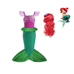 Vestido Fantasia Infantil Sereia Ariel Cauda + Peruca