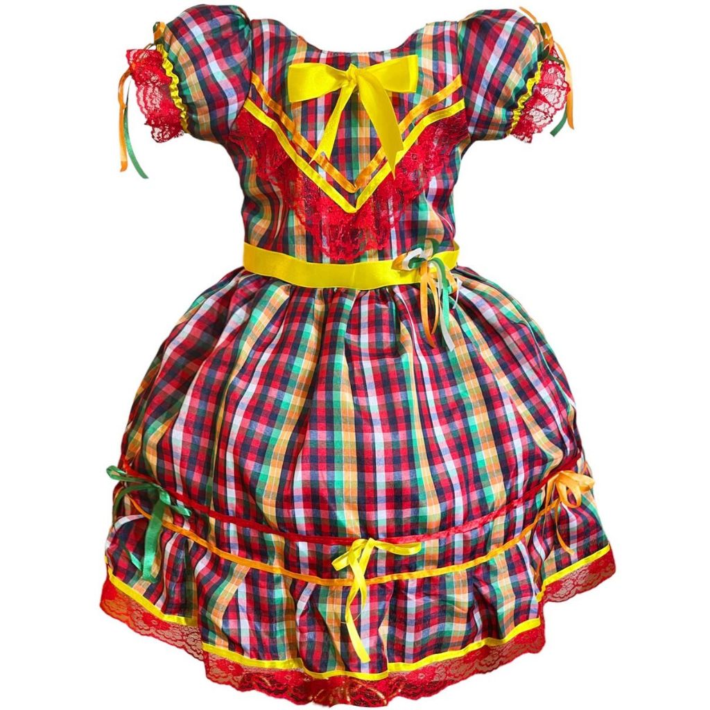 Vestido Xadrez Colorido Festa Junina São João Caipira Infantil Criança Luxo
