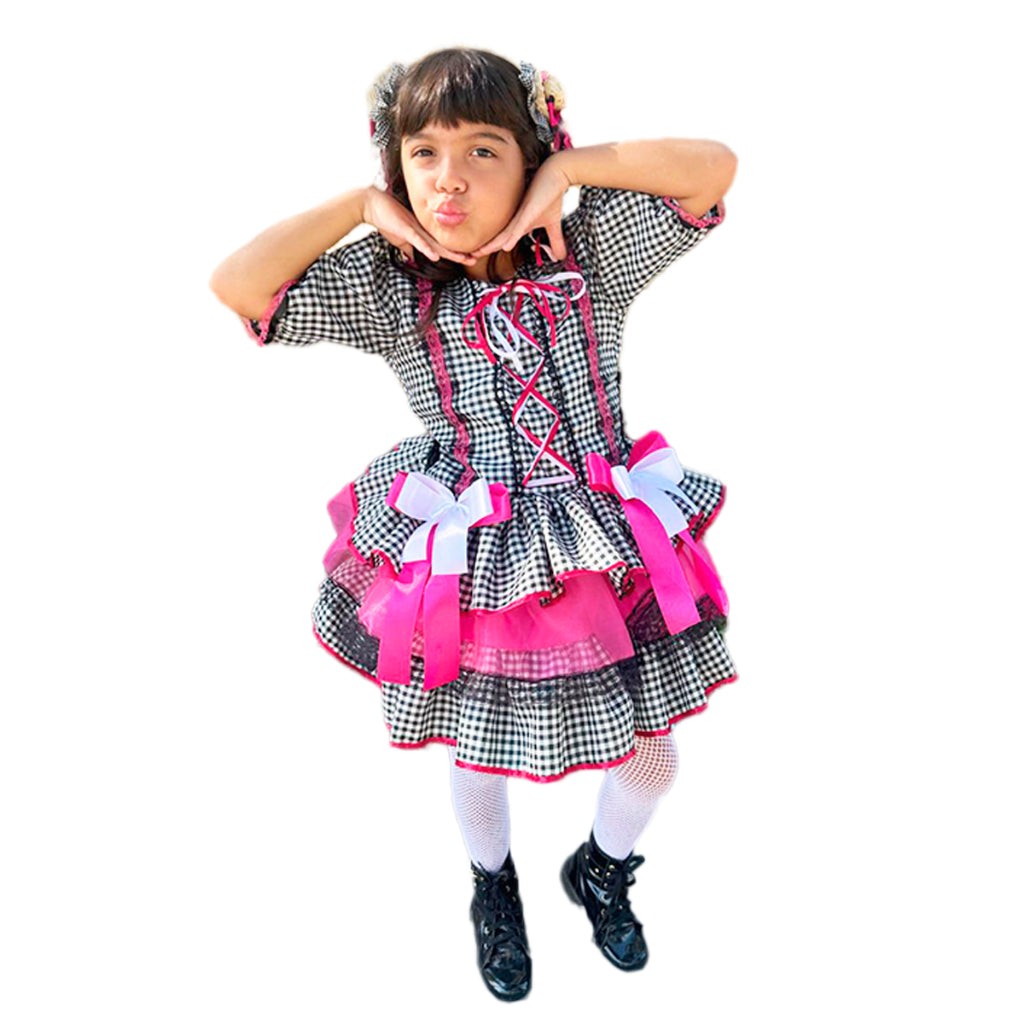 Fantasia Vestido Caipira Junino Infantil Tule Quadriculado Preto e Branco Luxo