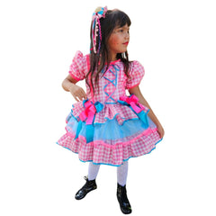 Vestido Quadrilha Junino Caipira Rosa Xadrez com renda Infantil Criança Luxo