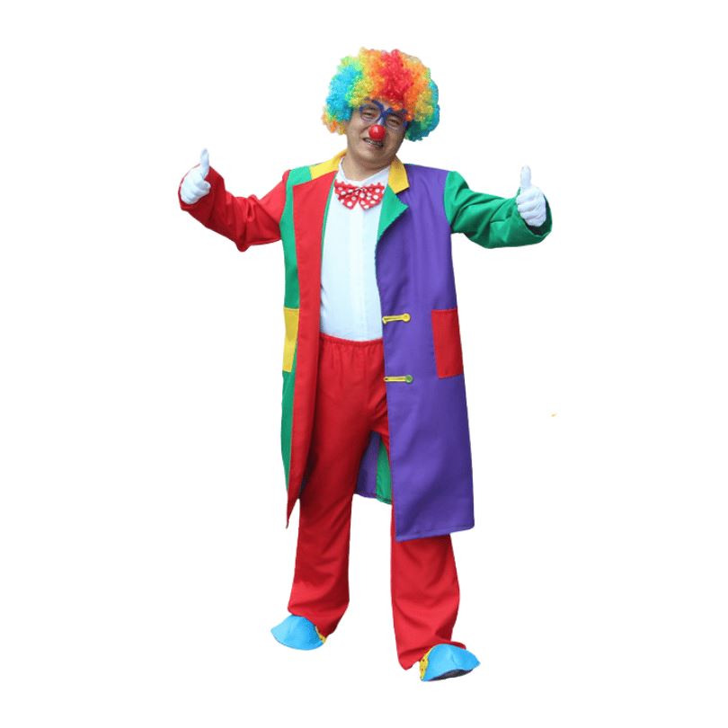 Fantasia Palhaço Cosplay Adulto Vermelho Com Detalhes Em Verde e Roxo