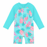 Long-sleeved swimsuit for girls aged 1 month to 6 years, blue floral design, with UPF 50+ protection. Kids UV clothing.