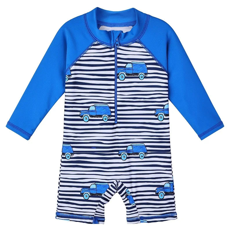 Boys' swimsuit for newborns to 6 years old, with striped car design and UV50+ protection.