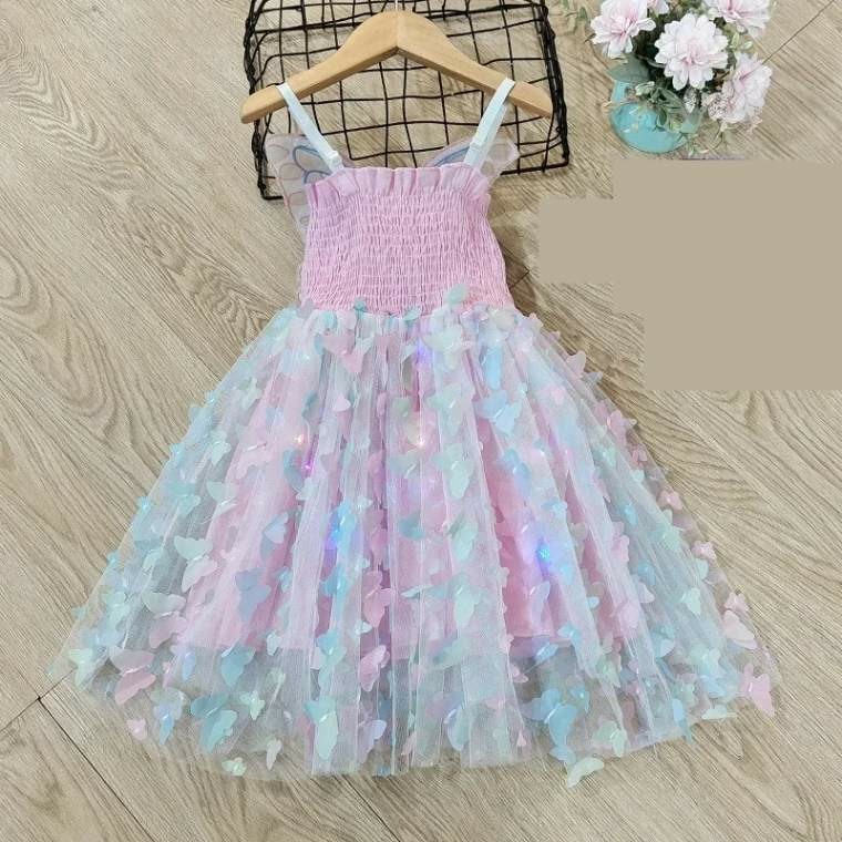 Pink Dress with Butterfly Details and LED Lights for Kids