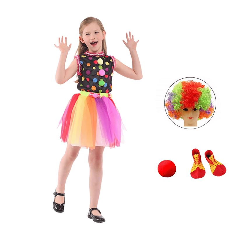 Black clown costume with polka dots and skirt for girls + accessories.