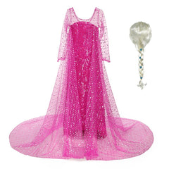 Vestido Fantasia Frozen Elsa Com Lantejoulas -Rosa Com Peruca