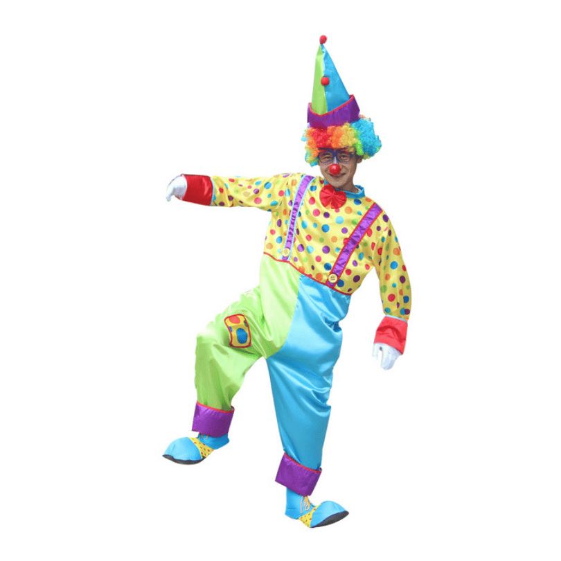 Adult Clown Cosplay Costume, Green and Blue Jumpsuit with Yellow and Balls