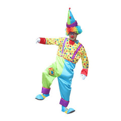 Fantasia Palhaço Cosplay Adulto Macacão Verde e Azul Com Amarelo e Bolas