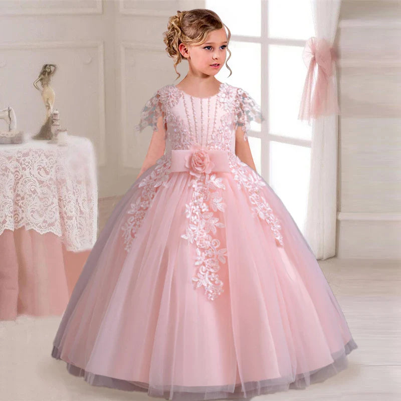 Elegant Princess Party Dress for Girls, Ages 4-12, with Embroidery.