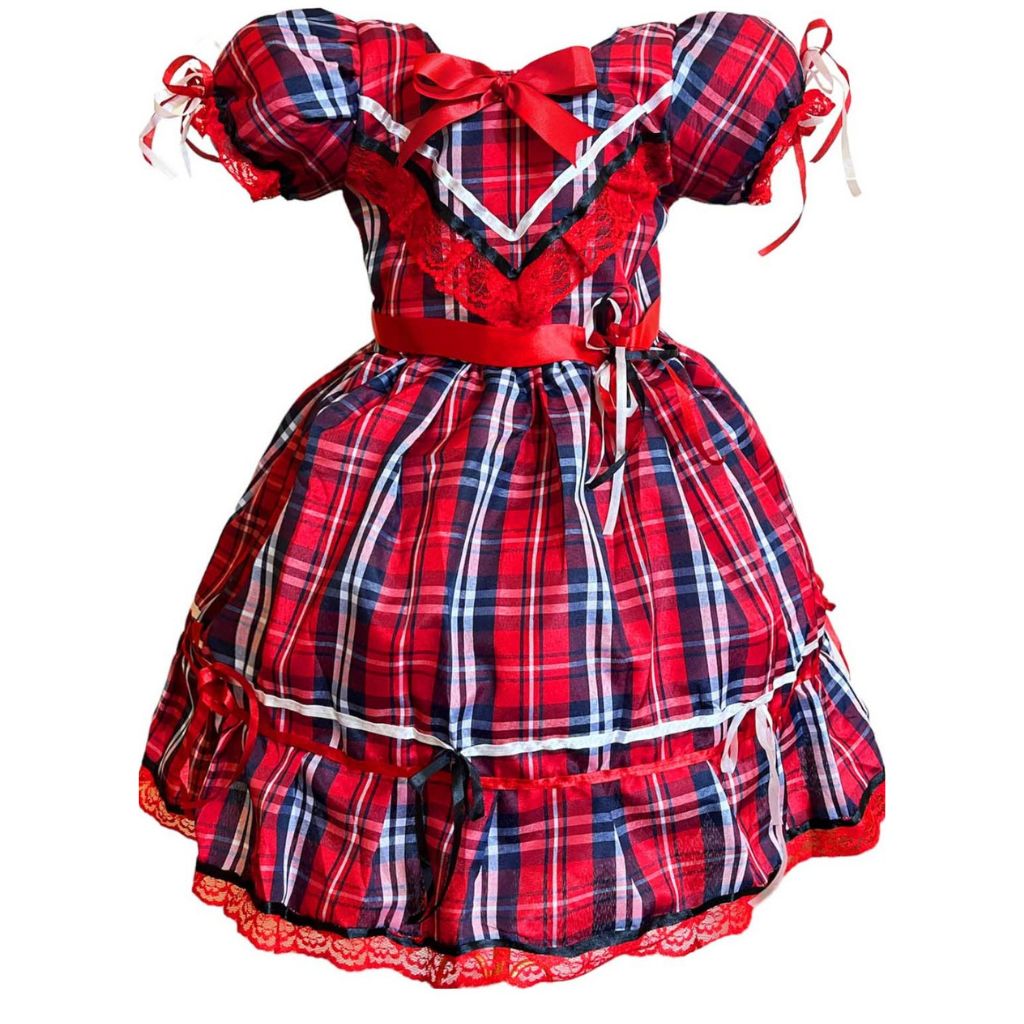 Vestido Xadrez Festa Junina Vermelho São João Caipira Infantil Criança Luxo