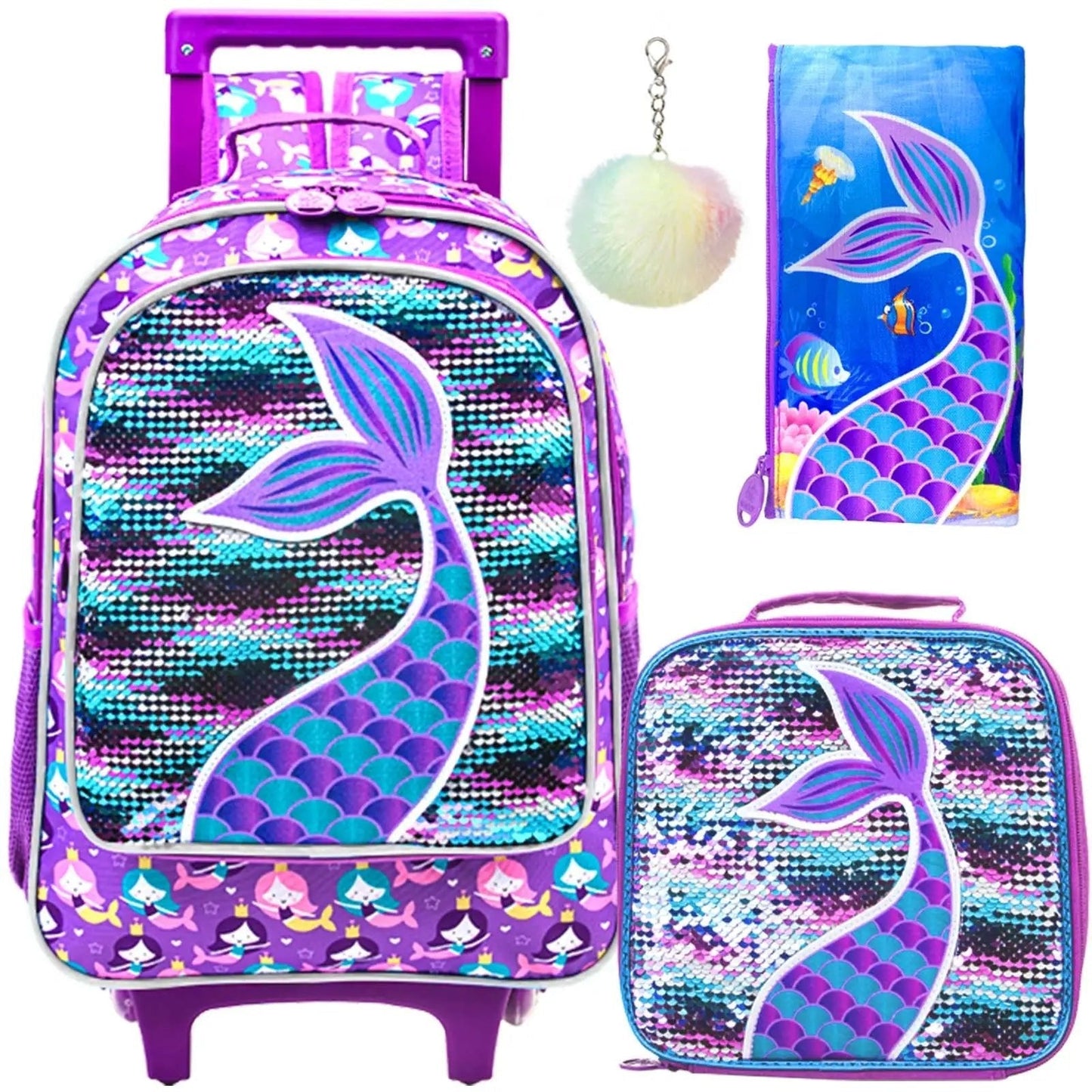 3-Piece Back to School Set – Mermaid Theme: Rolling Backpack + Lunchbox + Pencil Case – TheLittleMermaid