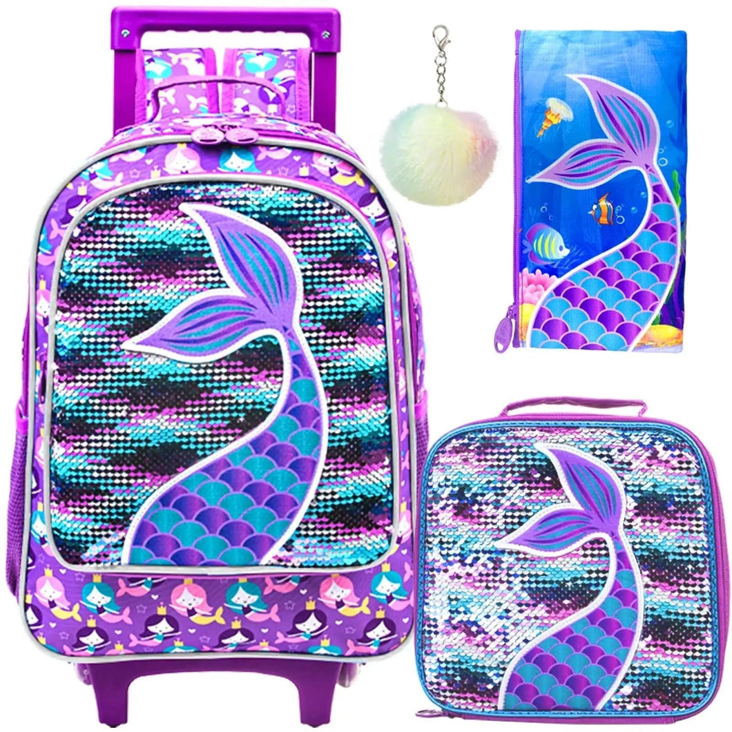 Kit 3 Peças Volta às Aulas Sereia | Mochila de Rodinha + Lancheira + Estojo #TheLittleMermaid