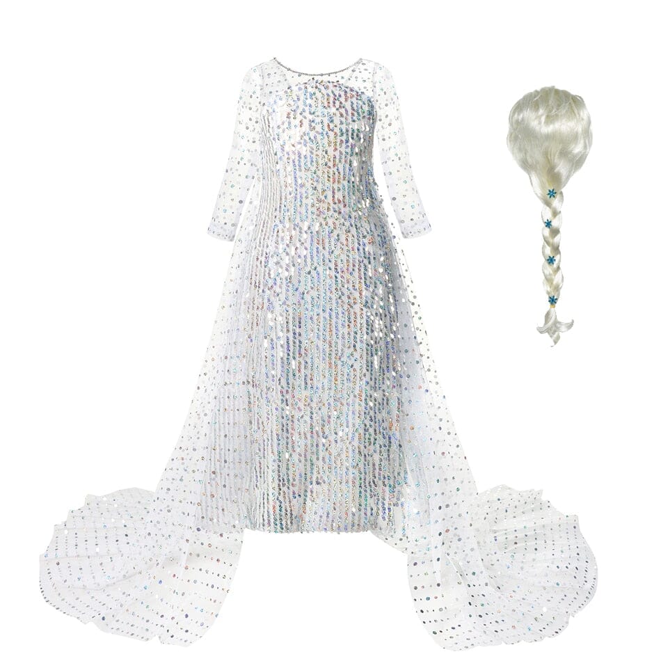 Frozen Elsa Costume Dress with Sequins – White with Wig