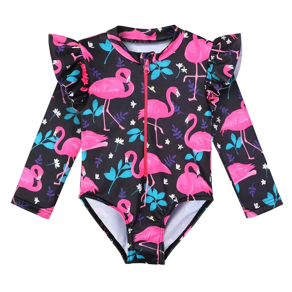Long-sleeved swimsuit for girls from newborn to 6 years old, Swan Pink design, with UPF50+ protection.