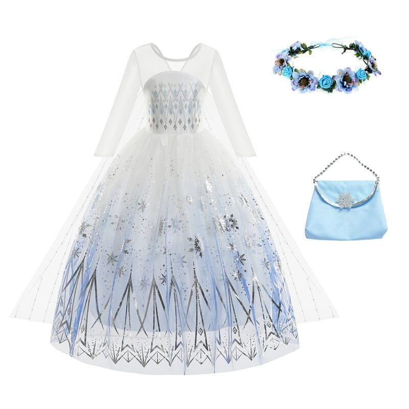 Vestido Fantasia Elsa Rainha da Neve - Frozen Com Acessórios 3 Pcs