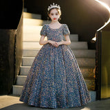 Luxury Long Blue Party Dress for Girls, with Glittering Sequins, for Birthdays, Graduations, Elegant.