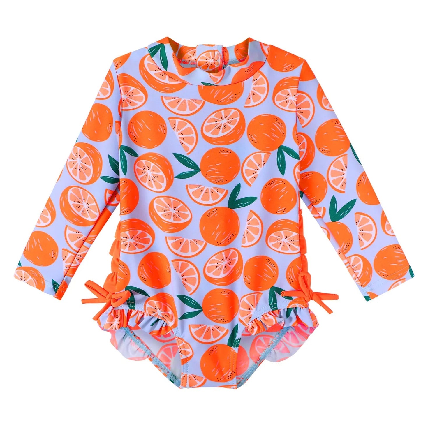 Long-sleeved swimsuit for girls from newborn to 6 years old, orange, with UPF 50+ protection. Kids UV clothing.