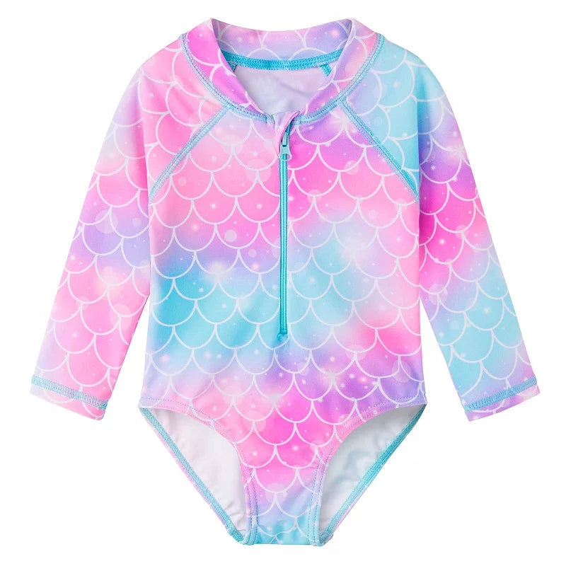 Kids swimwear, long-sleeved unicorn swimsuit for girls from newborn to 6 years old with UPF 50+ protection.