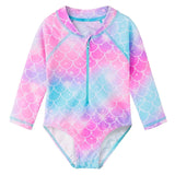 Kids swimwear, long-sleeved unicorn swimsuit for girls from newborn to 6 years old with UPF 50+ protection.