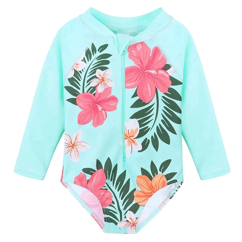 Kids swimwear, long-sleeved floral swimsuit for girls aged newborn to 6 years with UPF 50+ sun protection.