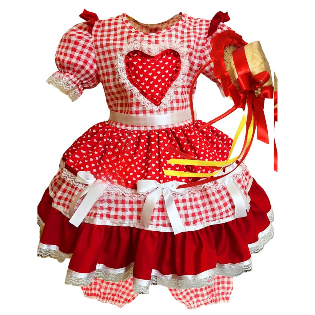 Fantasia Vestido São João Festa Junina Caipira Xadrez Infantil Vermelho Luxo