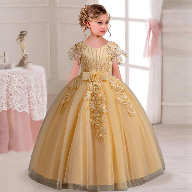 Elegant Princess Party Dress for Girls, Ages 4-12, with Embroidery.