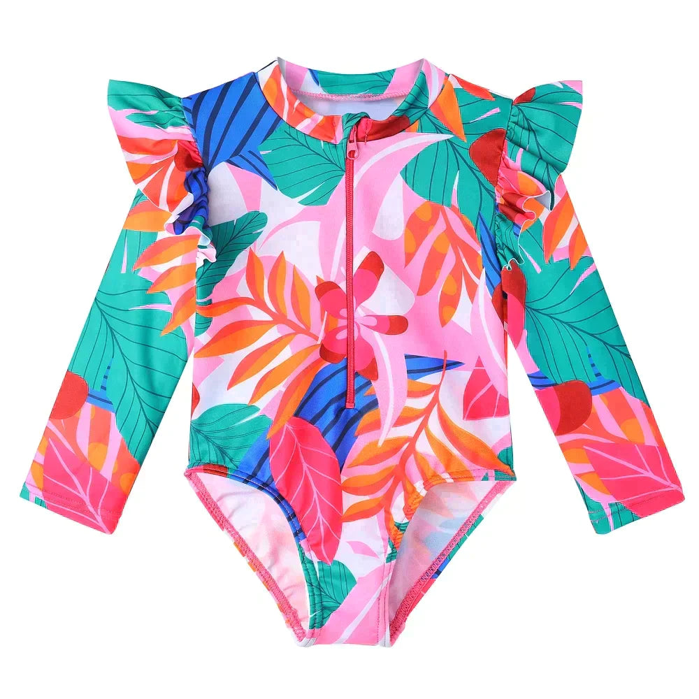 Long-sleeved swimsuit for girls from newborn to 6 years old, pink floral design, with UPF50+ sun protection.