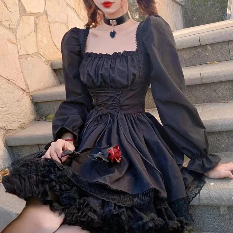 Vestido Preto de Manga Longa de Época Gótica