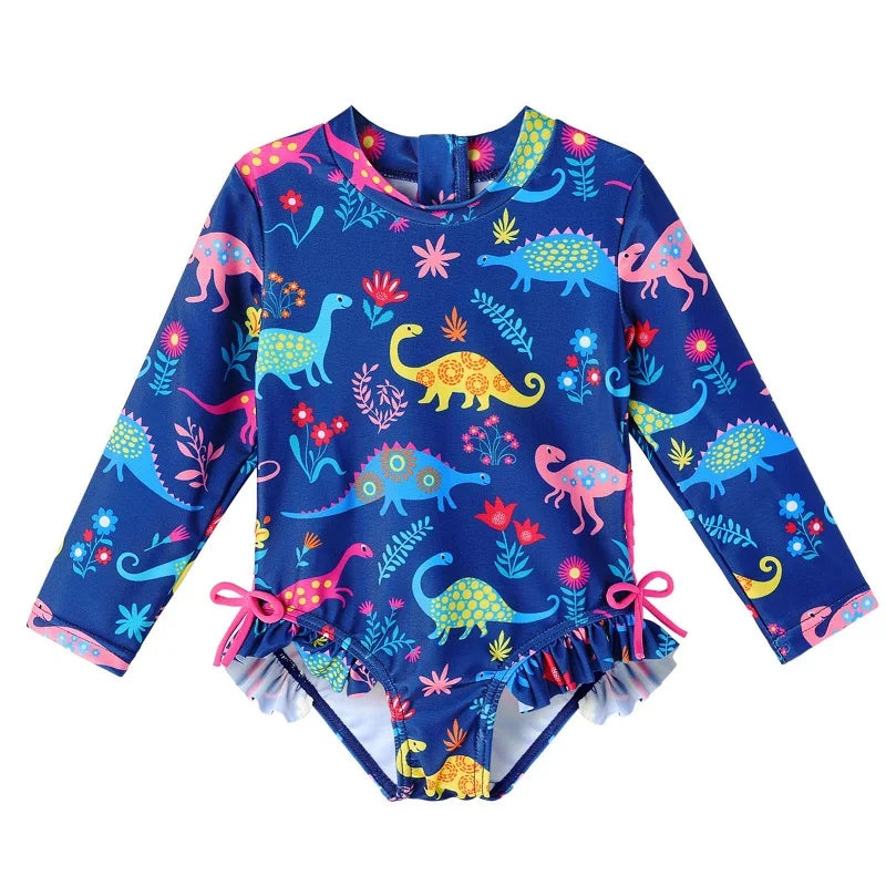 Kids swimwear, long-sleeved swimsuit for girls from newborn to 6 years old, with dinosaur design and UPF 50+ sun protection.
