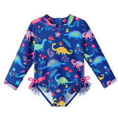 Moda praia infantil Maiô Manga Longa para Meninas de RN a 6 anos de Dinossauro com Proteção FPU50+ Moda praia infantil