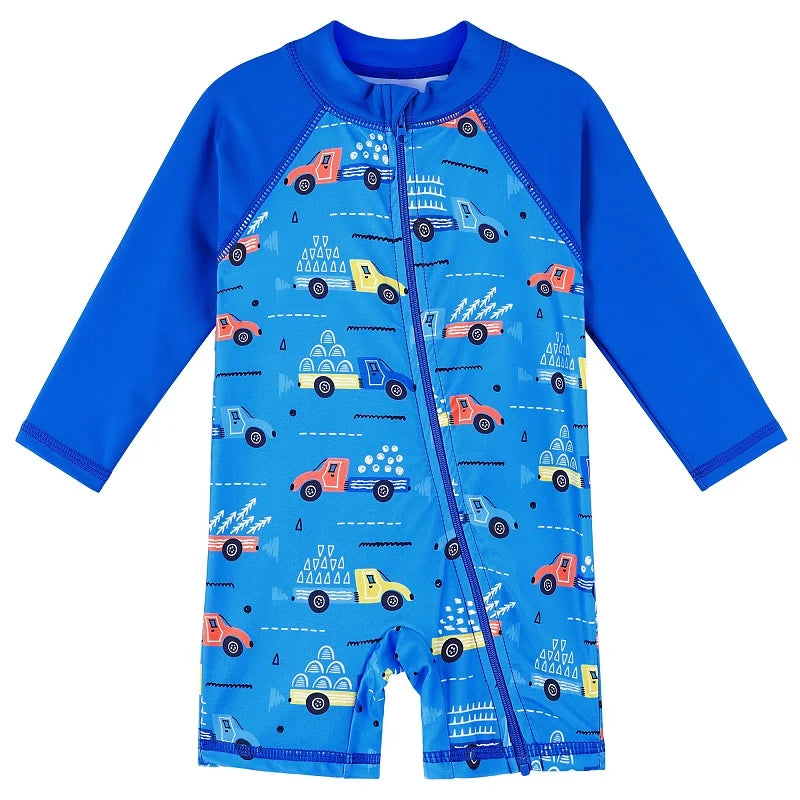 Boys' swimsuit for newborns to 6 years old, with a blue car design and UV50+ protection.