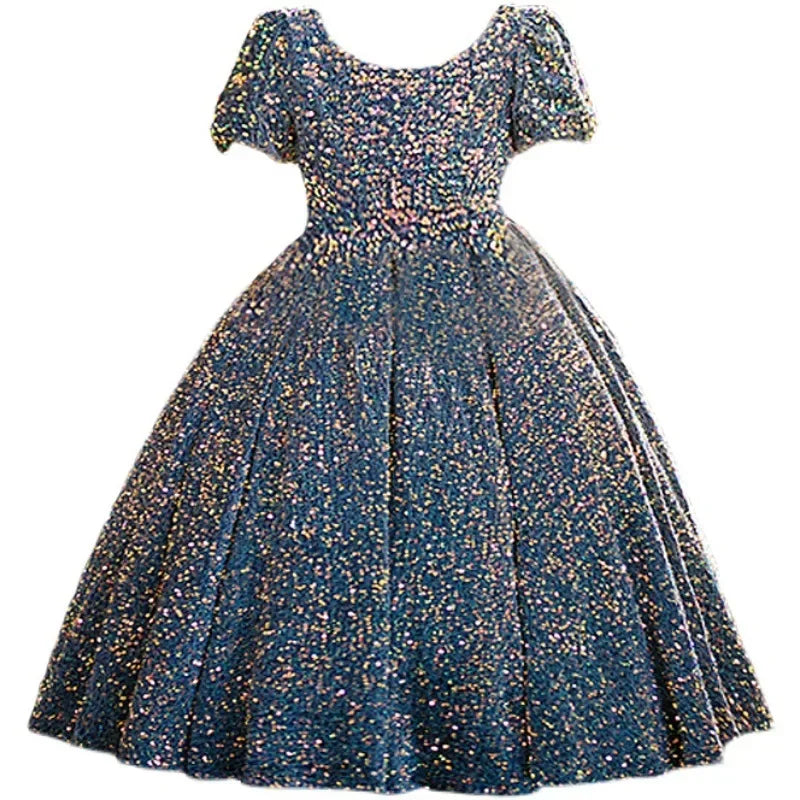 Luxury Long Blue Party Dress for Girls, with Glittering Sequins, for Birthdays, Graduations, Elegant.