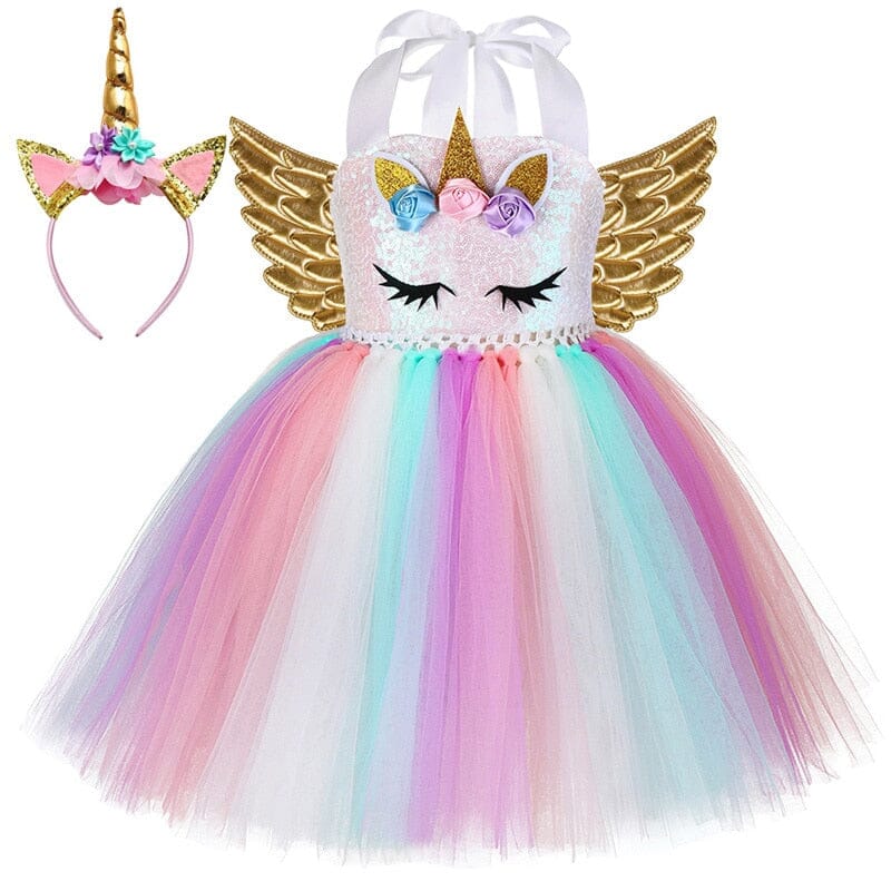 Unicorn Costume Dress with Tiara and Wings – Gold – Kids