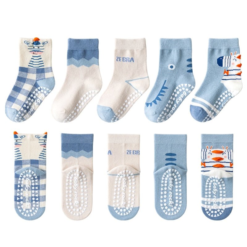 Set of 5 Pairs of Kids Cotton Socks – Non-slip – Various Themes