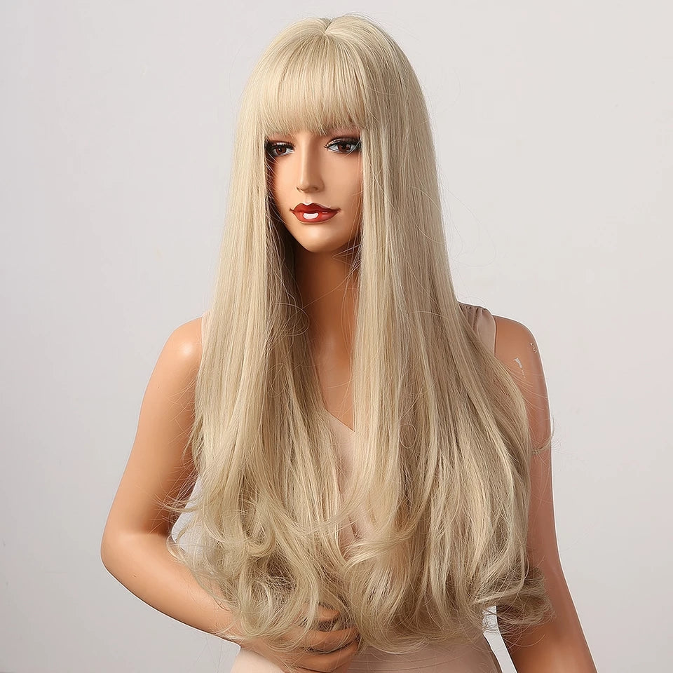 Long blonde wig with bangs, 80cm.
