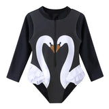 Kids swimwear Long-sleeved swimsuit for girls from newborn to 6 years old, Black Swan brand, with UPF 50+ protection.